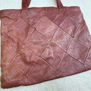 Latico Patchwork Checkered Chestnut Brown Leather Tote Shoulder Bag Carry All